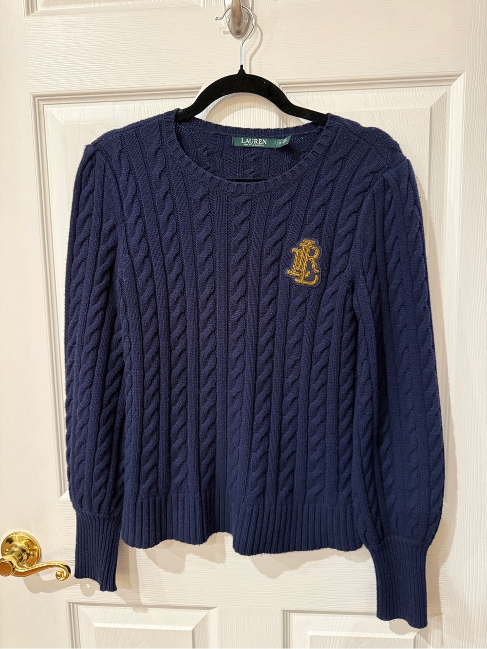 Lauren-Ralph Lauren Navy Cable-Knit Crew Sweater with Gold Crest